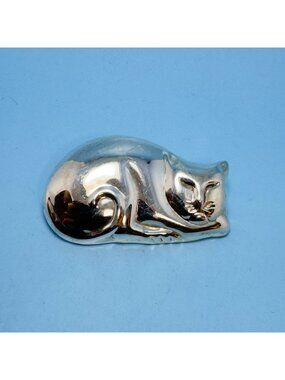 Puffed Sleeping Cat Brooch VTG Solid Sterling Silver 925 Size 1.5'' Length